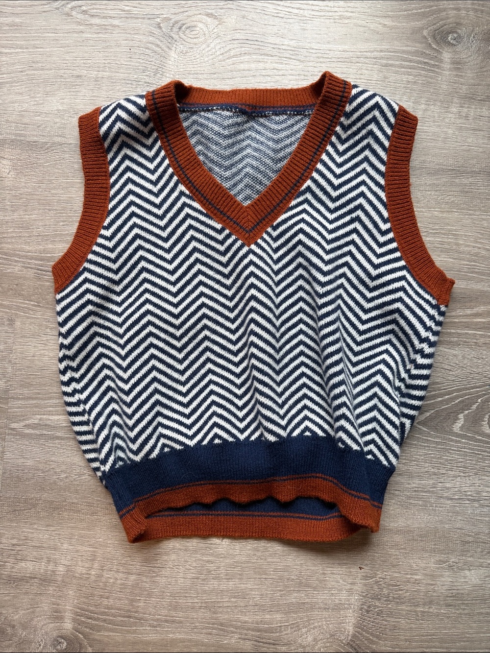 Chevron Knit V-Neck Sweater Vest in Navy, White & Rust